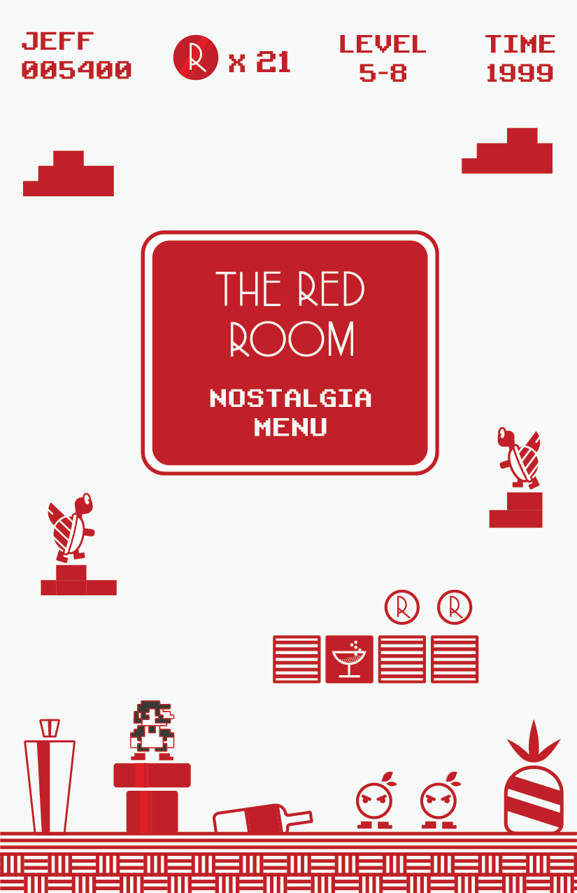 8-bit retro gaming Super Mario style cocktail menu cover for The Red Room Nostalgia Menu